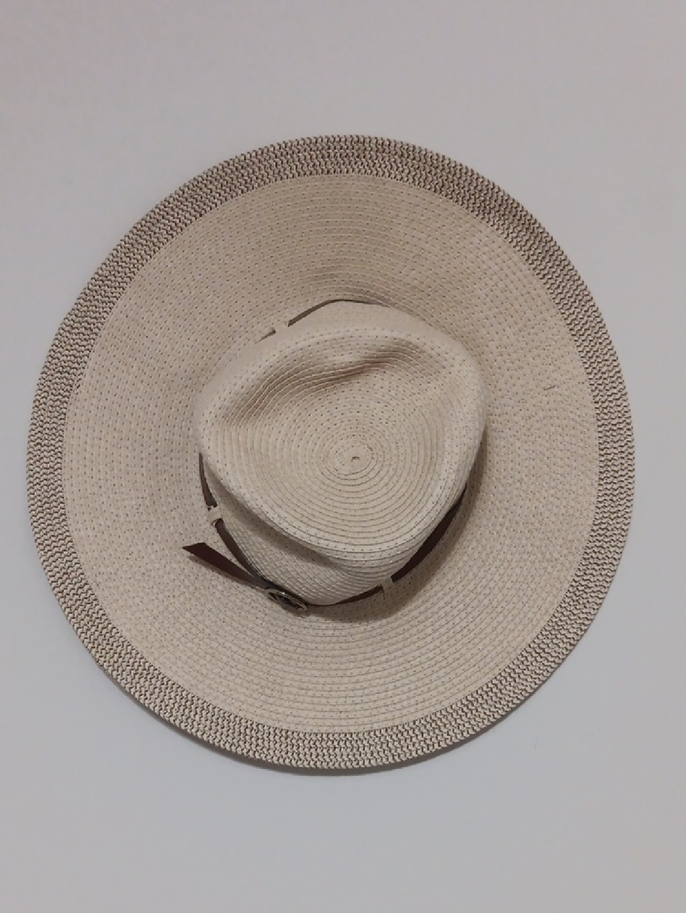 Beige Wide-Brim Straw Fedora Hat with Brown Band - Men Accessories